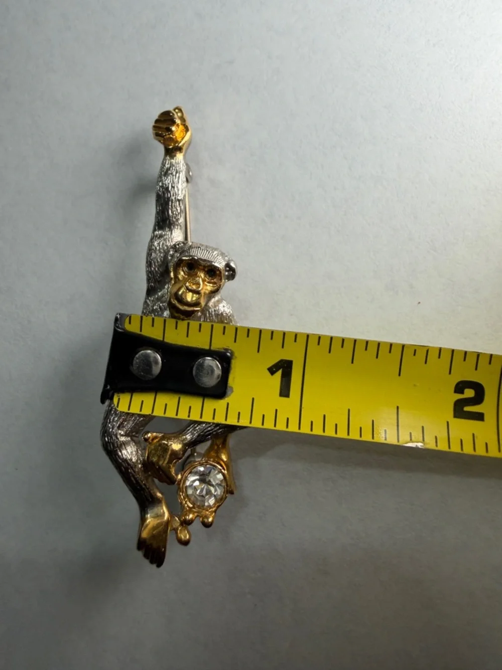 Figural Chimpanzee Brooch Vintage Monkey‎ Pin Gold Silver Tone Rhinestone
